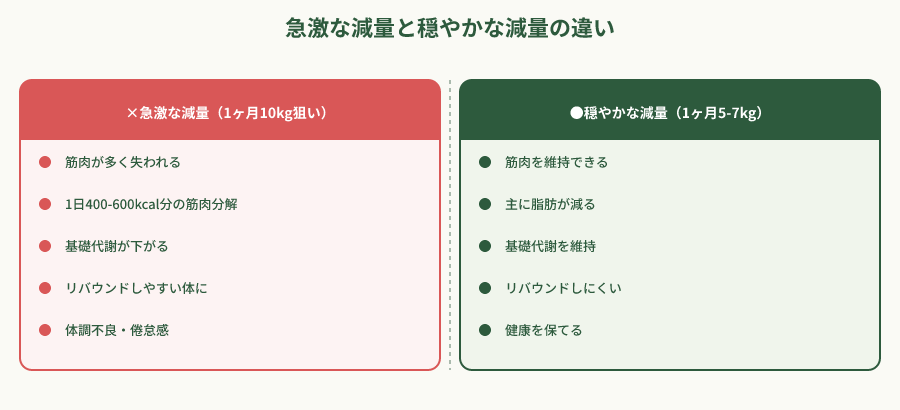 急激な減量と穏やかな減量の体組成変化の対比図