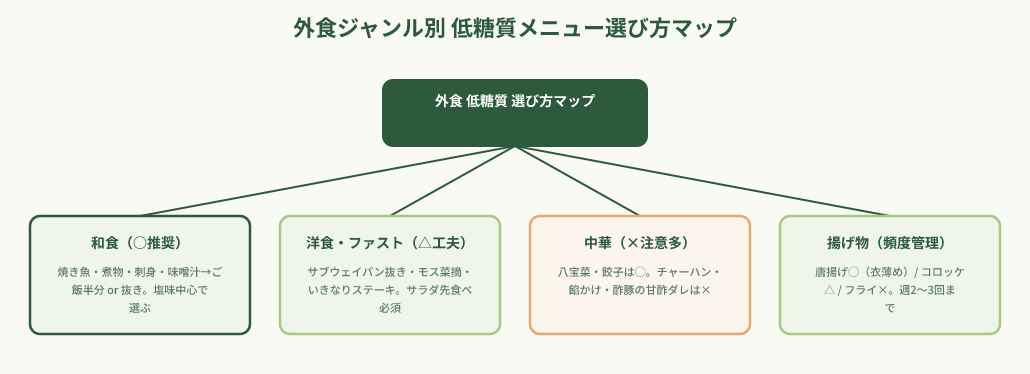 外食ジャンル別低糖質メニュー選び方の階層図